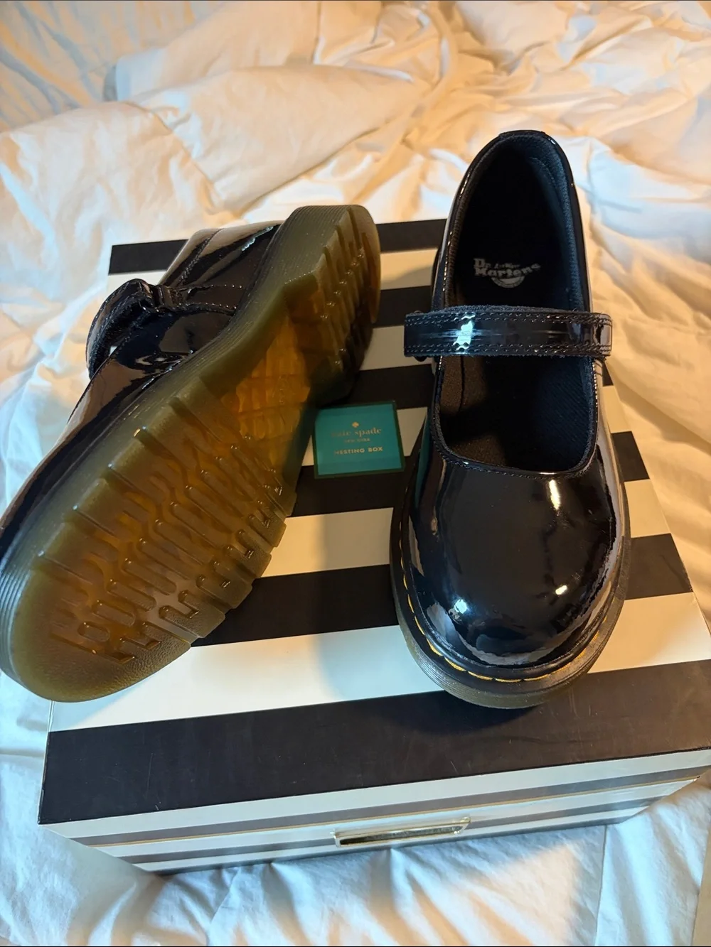 Dr. Martens Girls Black Patent Mary Jane Shoes with Yellow Stitching us 5